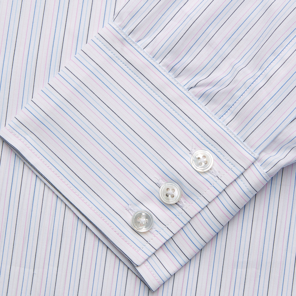 The Turnbull & Asser Blue Multi Stripe Regular Fit Mayfair Shirt features light blue vertical stripes on white, a classic collar, long sleeves, and buttoned cuffs, displayed on a plain white surface.