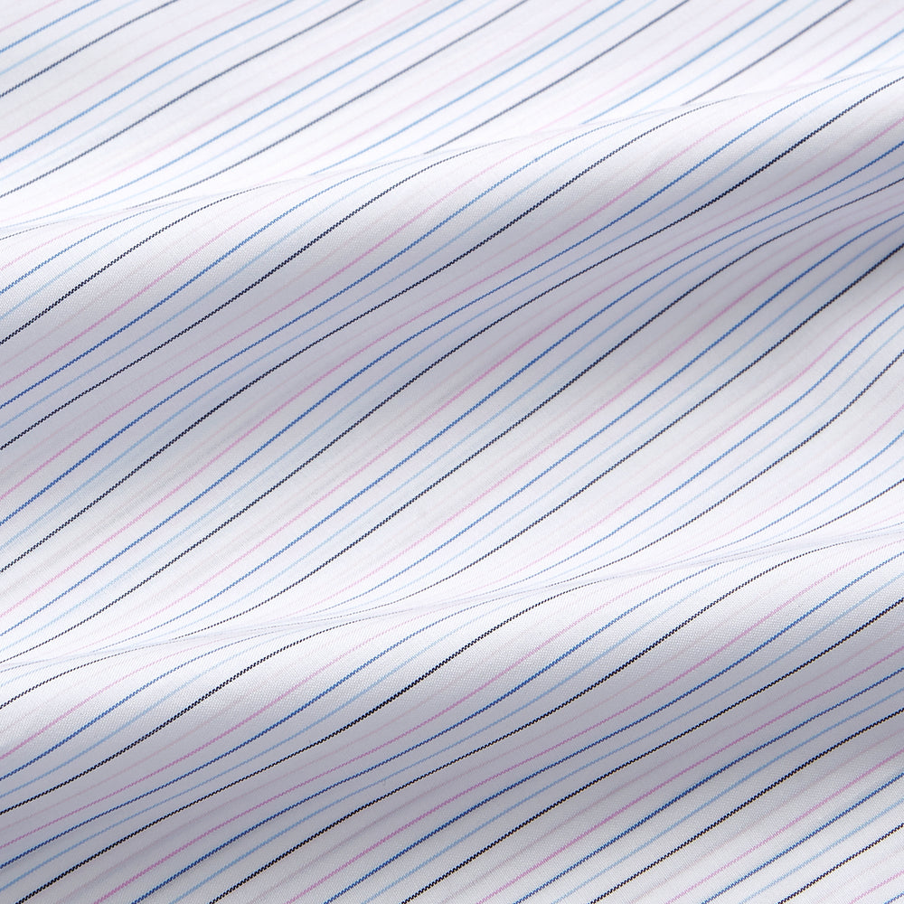 The Turnbull & Asser Blue Multi Stripe Regular Fit Mayfair Shirt features light blue vertical stripes on white, a classic collar, long sleeves, and buttoned cuffs, displayed on a plain white surface.