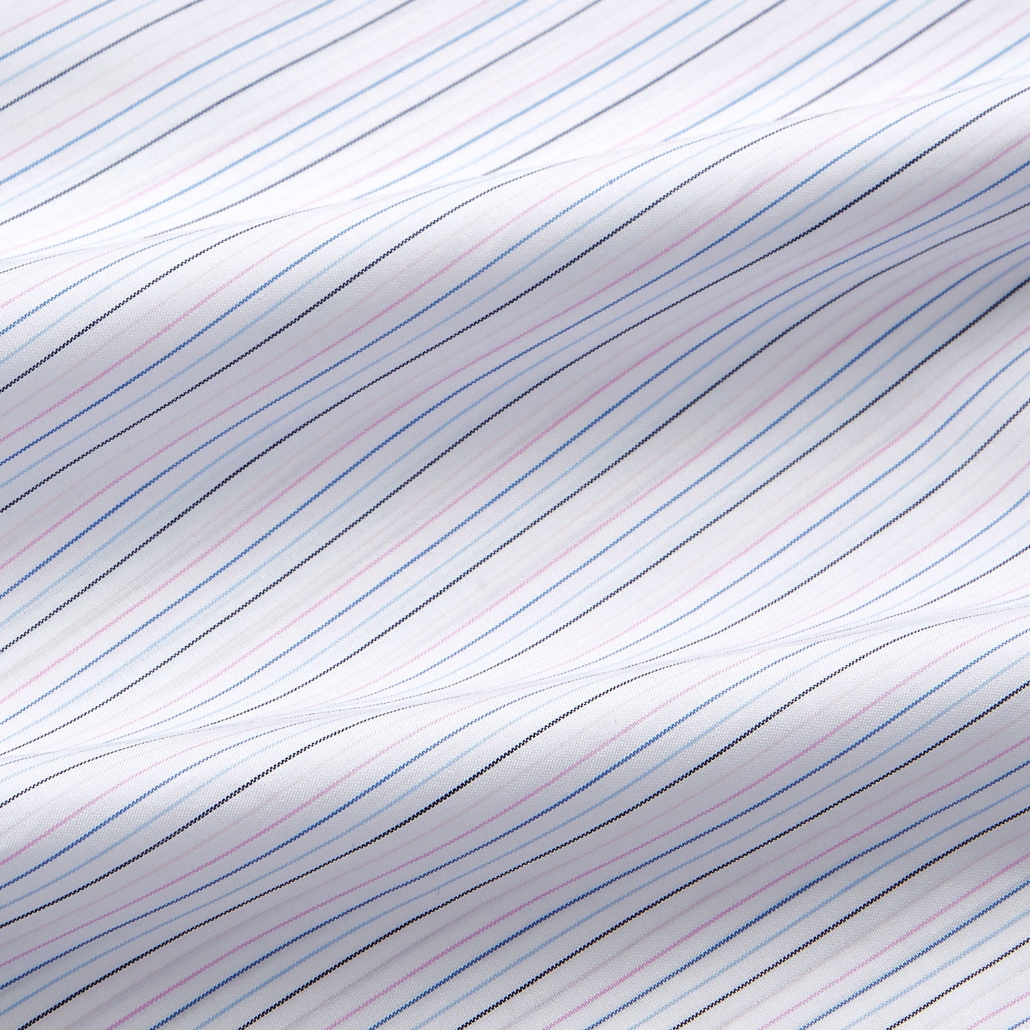 View 4 of product The Turnbull & Asser Blue Multi Stripe Regular Fit Mayfair Shirt features light blue vertical stripes on white, a classic collar, long sleeves, and buttoned cuffs, displayed on a plain white surface.