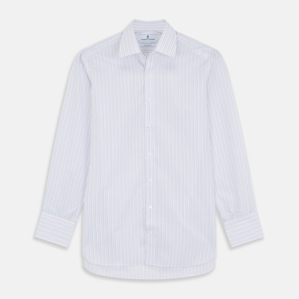 The Turnbull & Asser Blue Multi Stripe Regular Fit Mayfair Shirt features light blue vertical stripes on white, a classic collar, long sleeves, and buttoned cuffs, displayed on a plain white surface.
