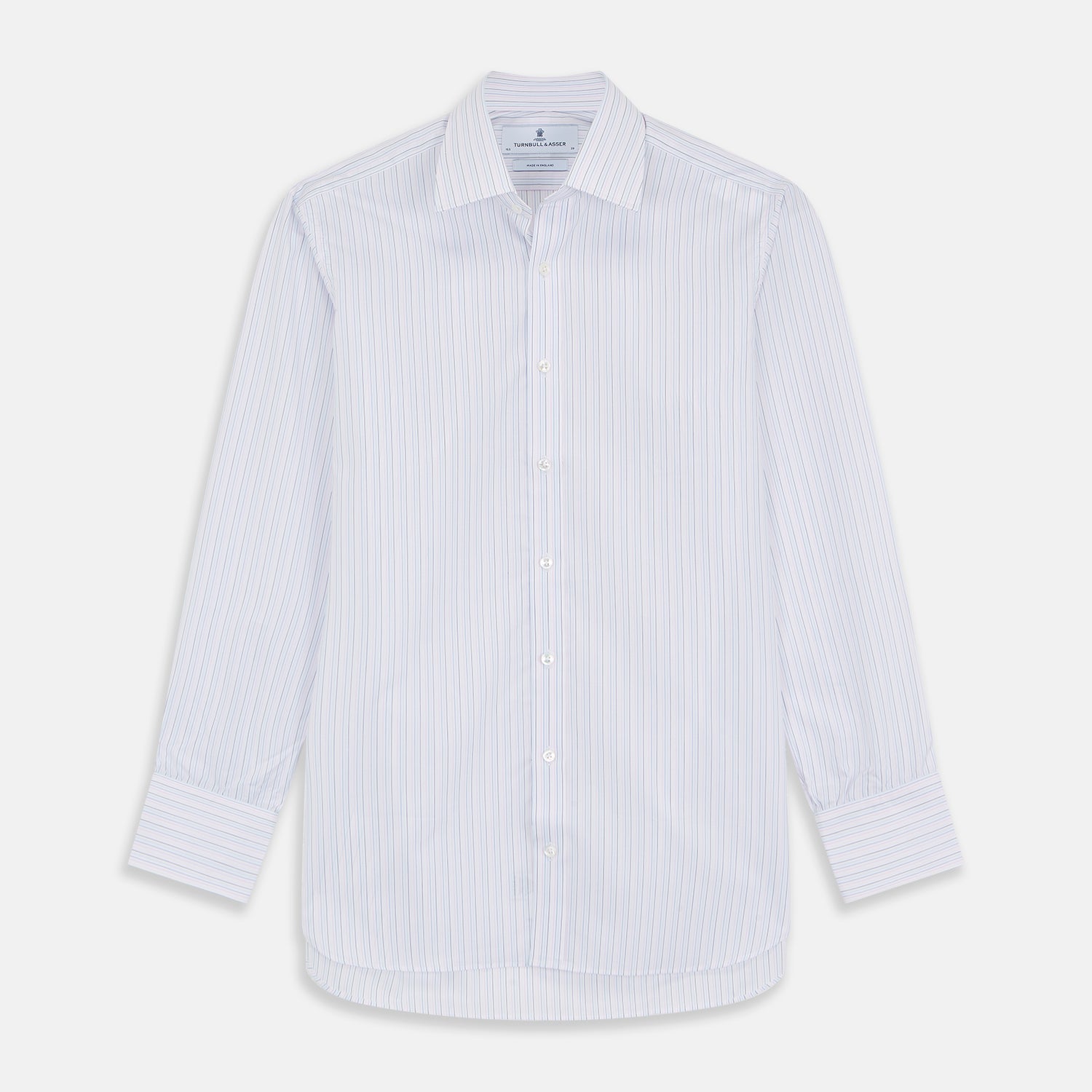 View 1 of product The Turnbull & Asser Blue Multi Stripe Regular Fit Mayfair Shirt features light blue vertical stripes on white, a classic collar, long sleeves, and buttoned cuffs, displayed on a plain white surface.