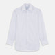 The Turnbull & Asser Blue Multi Stripe Regular Fit Mayfair Shirt features light blue vertical stripes on white, a classic collar, long sleeves, and buttoned cuffs, displayed on a plain white surface.