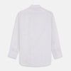 View 5 of product The Turnbull & Asser Red Multi Stripe Regular Fit Mayfair Shirt features long sleeves, a button-down design, classic collar, and subtle red vertical stripes on white, shown laid flat.