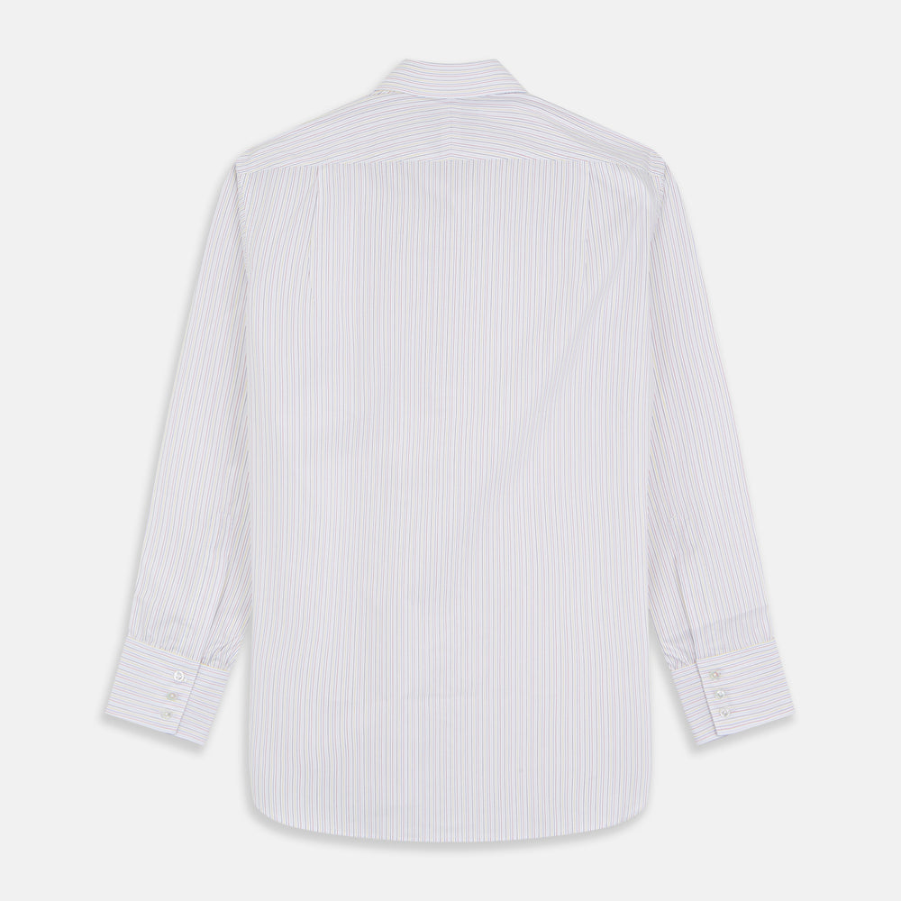 The Turnbull & Asser Red Multi Stripe Regular Fit Mayfair Shirt features long sleeves, a button-down design, classic collar, and subtle red vertical stripes on white, shown laid flat.