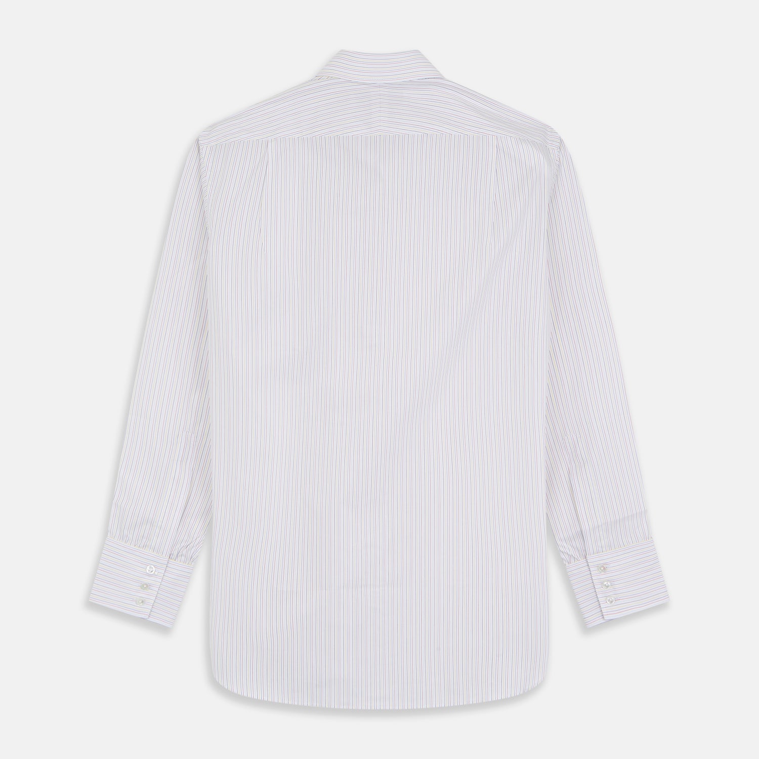 View 5 of product The Turnbull & Asser Red Multi Stripe Regular Fit Mayfair Shirt features long sleeves, a button-down design, classic collar, and subtle red vertical stripes on white, shown laid flat.