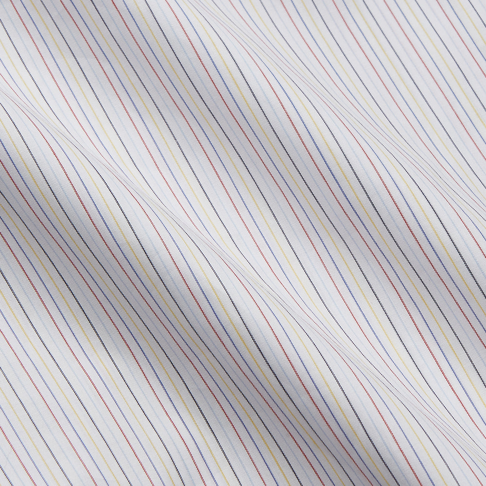 The Turnbull & Asser Red Multi Stripe Regular Fit Mayfair Shirt features long sleeves, a button-down design, classic collar, and subtle red vertical stripes on white, shown laid flat.