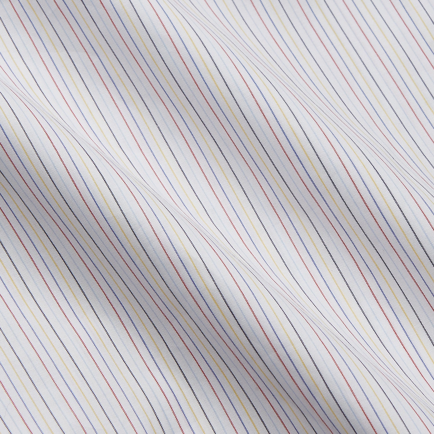 View 4 of product The Turnbull & Asser Red Multi Stripe Regular Fit Mayfair Shirt features long sleeves, a button-down design, classic collar, and subtle red vertical stripes on white, shown laid flat.