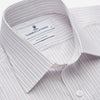 View 2 of product The Turnbull & Asser Red Multi Stripe Regular Fit Mayfair Shirt features long sleeves, a button-down design, classic collar, and subtle red vertical stripes on white, shown laid flat.