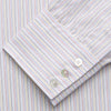 View 3 of product The Turnbull & Asser Red Multi Stripe Regular Fit Mayfair Shirt features long sleeves, a button-down design, classic collar, and subtle red vertical stripes on white, shown laid flat.