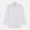 View 1 of product The Turnbull & Asser Red Multi Stripe Regular Fit Mayfair Shirt features long sleeves, a button-down design, classic collar, and subtle red vertical stripes on white, shown laid flat.