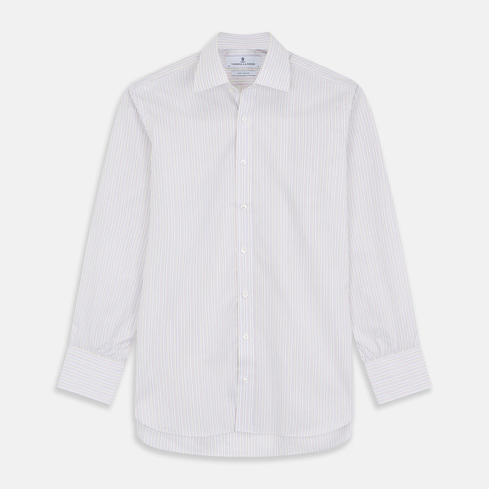 The Turnbull & Asser Red Multi Stripe Regular Fit Mayfair Shirt features long sleeves, a button-down design, classic collar, and subtle red vertical stripes on white, shown laid flat.
