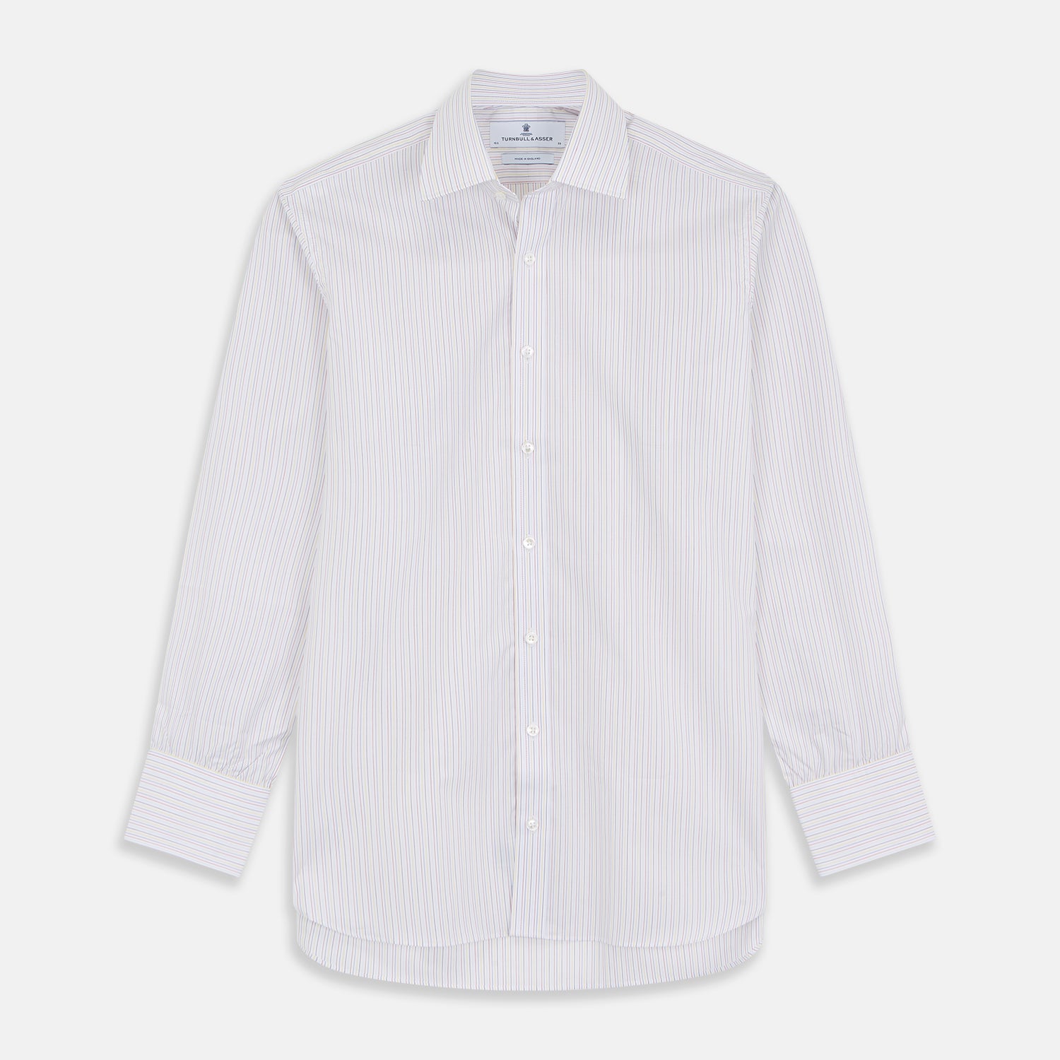 View 1 of product The Turnbull & Asser Red Multi Stripe Regular Fit Mayfair Shirt features long sleeves, a button-down design, classic collar, and subtle red vertical stripes on white, shown laid flat.