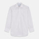 The Turnbull & Asser Red Multi Stripe Regular Fit Mayfair Shirt features long sleeves, a button-down design, classic collar, and subtle red vertical stripes on white, shown laid flat.