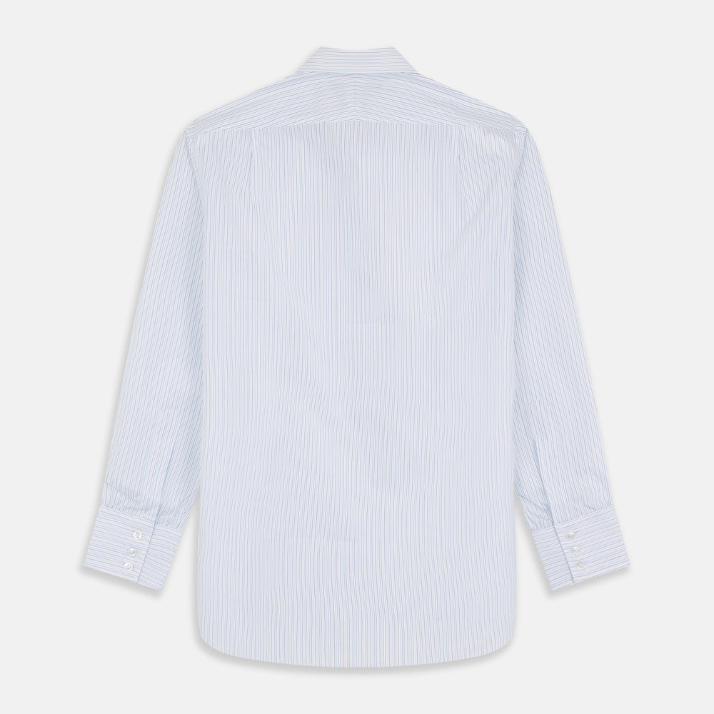 The Purple Multi Stripe Regular Fit Mayfair Shirt by Turnbull & Asser features long sleeves, a classic collar, and buttoned cuffs—perfect for achieving a refined yet relaxed style.