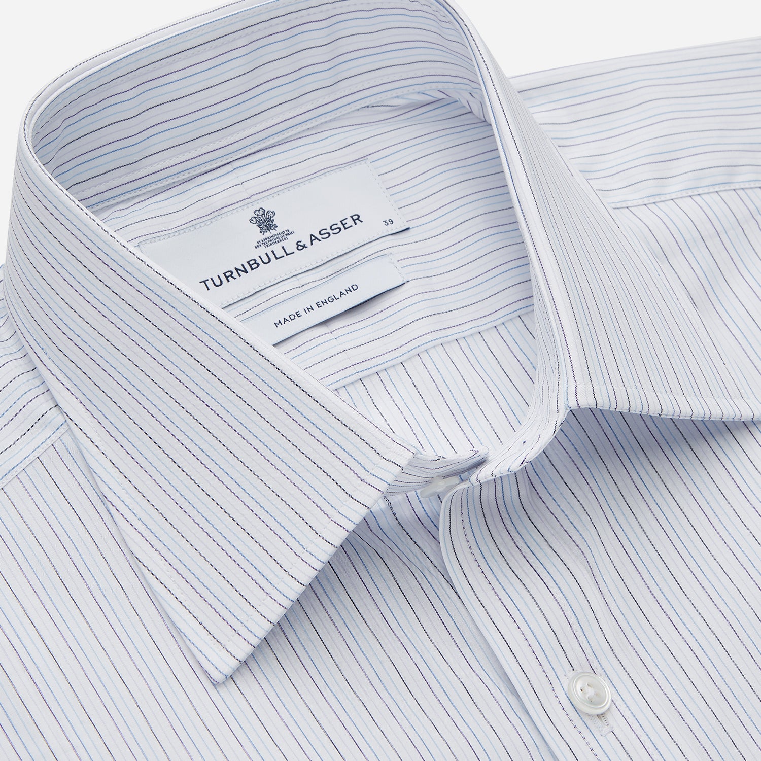 View 2 of product The Purple Multi Stripe Regular Fit Mayfair Shirt by Turnbull & Asser features long sleeves, a classic collar, and buttoned cuffs—perfect for achieving a refined yet relaxed style.