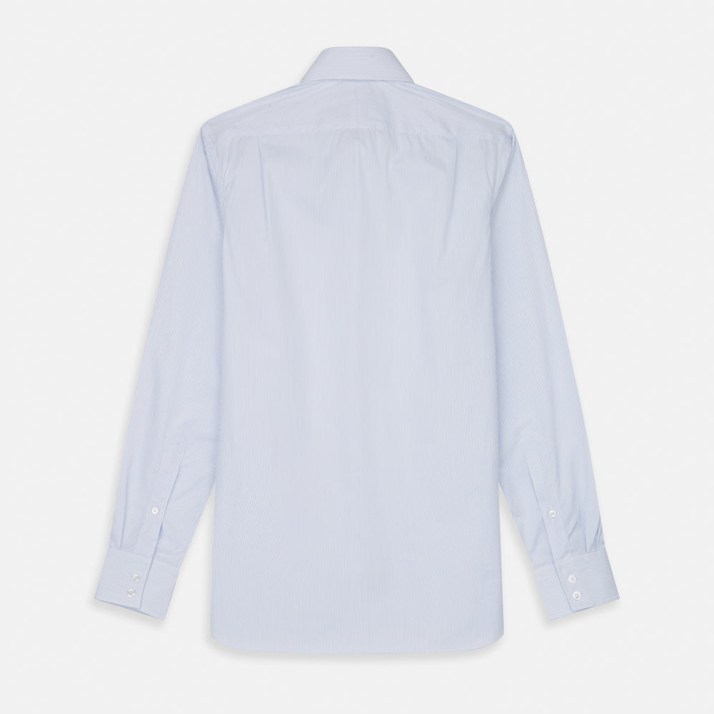 The Turnbull & Asser Sky Blue Bengal Stripe Tailored Fit Shirt features a Kent collar and 2-button cuffs, displayed neatly flat against a white background.
