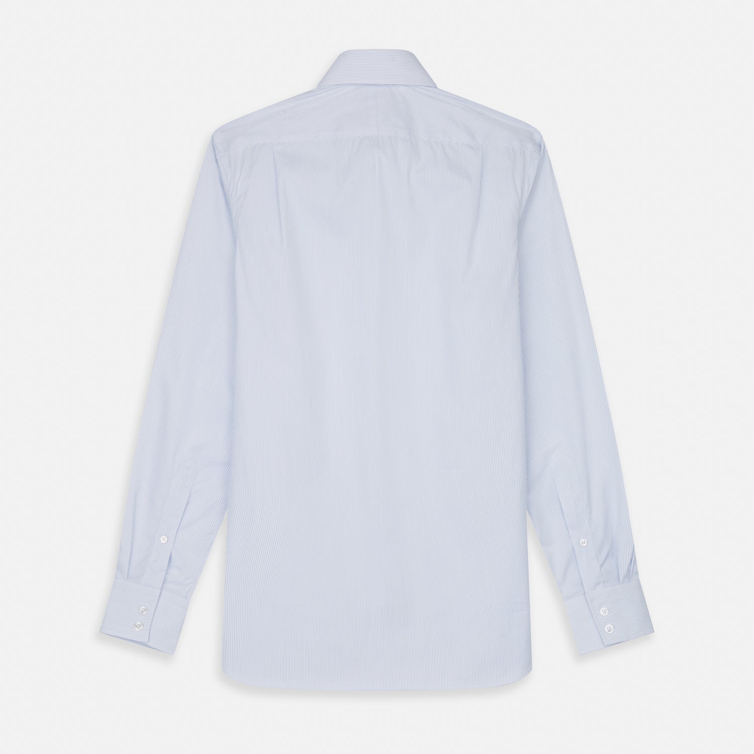 View 5 of product The Turnbull & Asser Sky Blue Bengal Stripe Tailored Fit Shirt features a Kent collar and 2-button cuffs, displayed neatly flat against a white background.