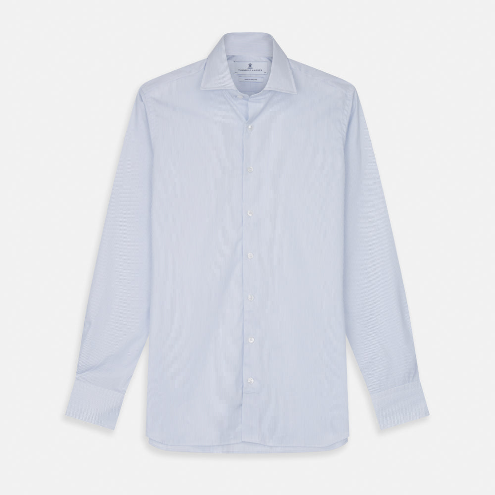 The Turnbull & Asser Sky Blue Bengal Stripe Tailored Fit Shirt features a Kent collar and 2-button cuffs, displayed neatly flat against a white background.