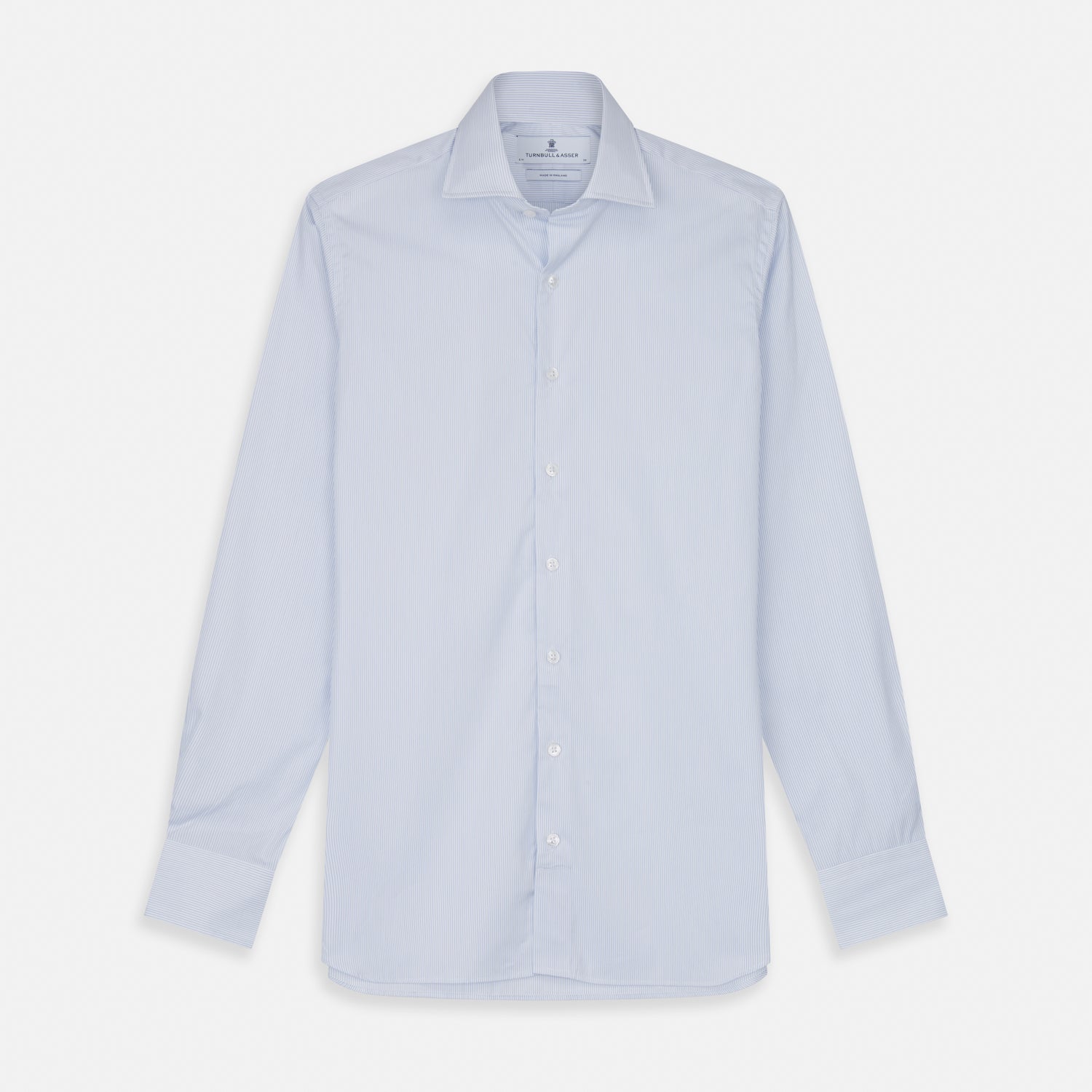 View 1 of product The Turnbull & Asser Sky Blue Bengal Stripe Tailored Fit Shirt features a Kent collar and 2-button cuffs, displayed neatly flat against a white background.