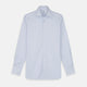 The Turnbull & Asser Sky Blue Bengal Stripe Tailored Fit Shirt features a Kent collar and 2-button cuffs, displayed neatly flat against a white background.