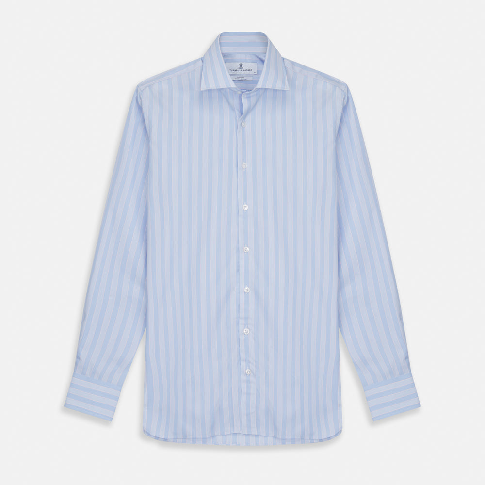 The Turnbull & Asser Pink and Blue Stripe Tailored Fit Shirt with a Kent collar is neatly laid flat on a plain white background.