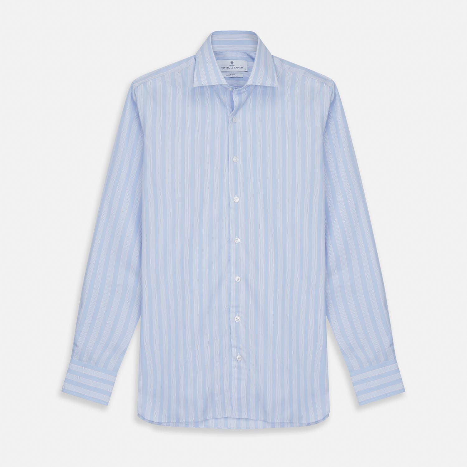 View 1 of product The Turnbull & Asser Pink and Blue Stripe Tailored Fit Shirt with a Kent collar is neatly laid flat on a plain white background.