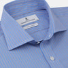 View 2 of product The Turnbull & Asser Oxford Blue Fancy Stripe Tailored Fit Shirt features white stripes, a Kent collar, and 2-button cuffs, shown on a plain white background.