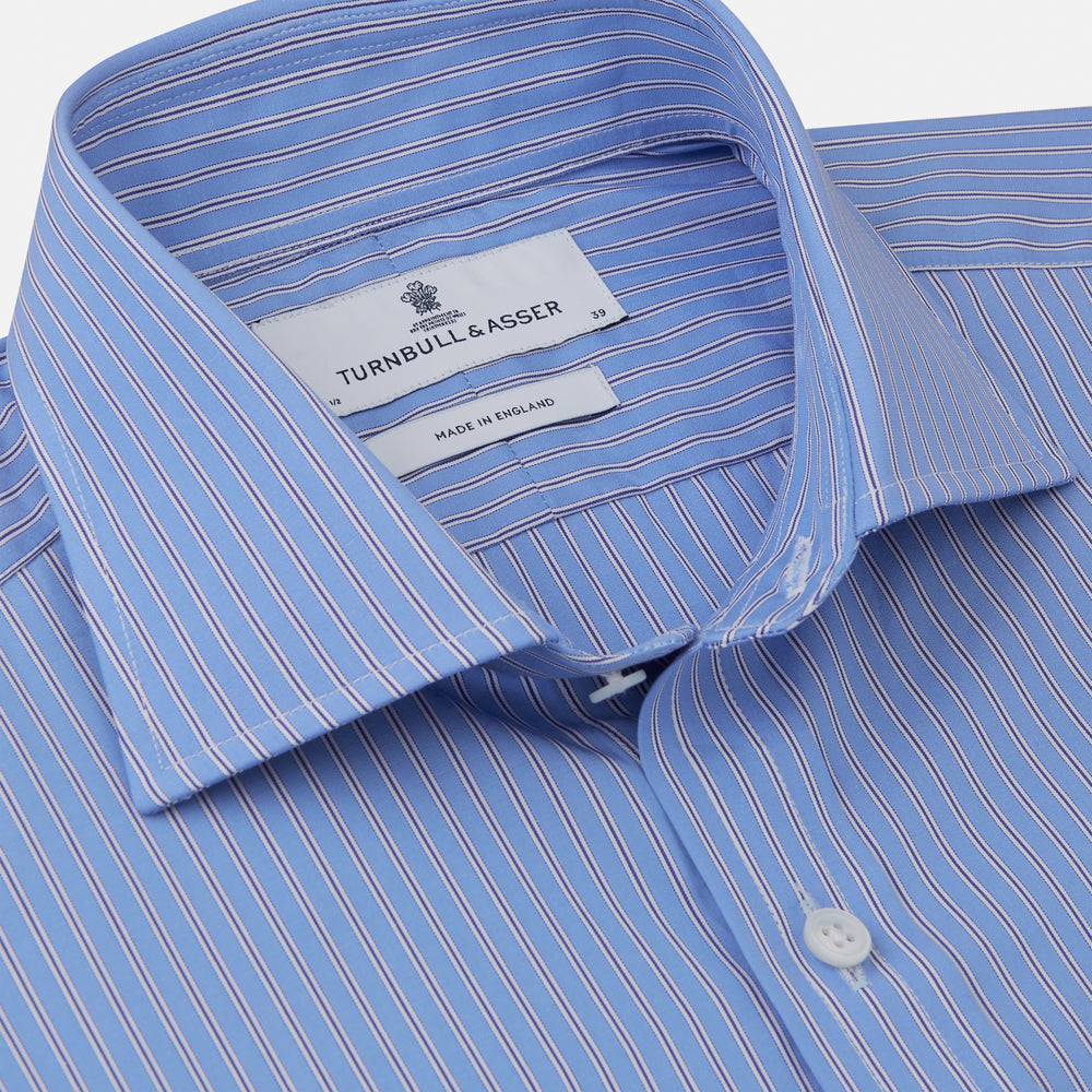 The Turnbull & Asser Oxford Blue Fancy Stripe Tailored Fit Shirt features white stripes, a Kent collar, and 2-button cuffs, shown on a plain white background.