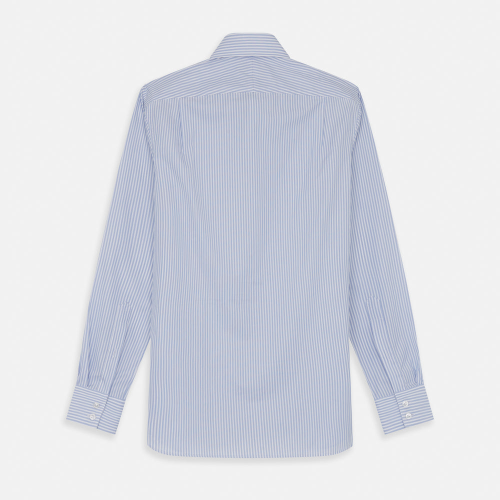 The Turnbull & Asser Sky Blue and White Stripe Tailored Fit Shirt features a Kent collar, 2-button cuffs, and is crafted from fine Italian cotton, shown flat against a plain background.