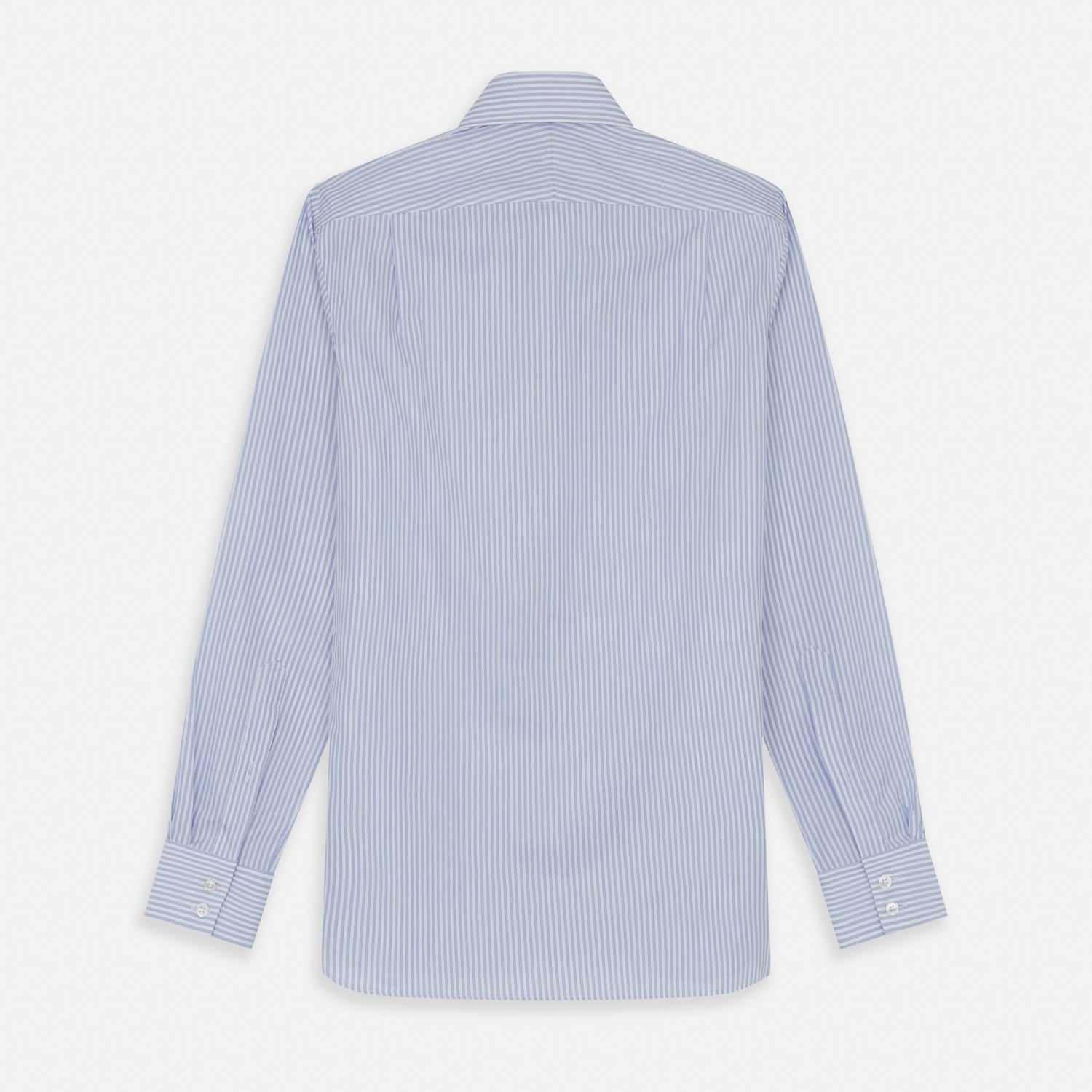 View 5 of product The Turnbull & Asser Sky Blue and White Stripe Tailored Fit Shirt features a Kent collar, 2-button cuffs, and is crafted from fine Italian cotton, shown flat against a plain background.