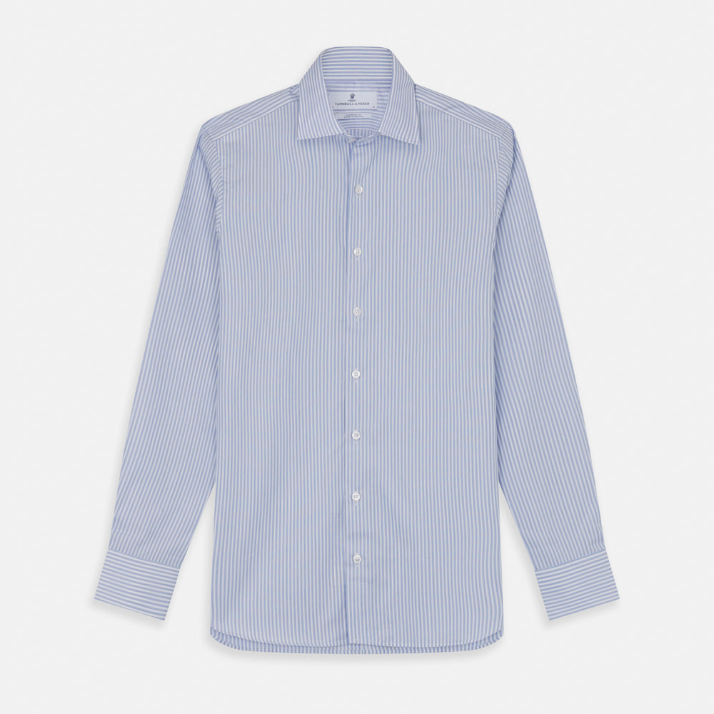 The Turnbull & Asser Sky Blue and White Stripe Tailored Fit Shirt features a Kent collar, 2-button cuffs, and is crafted from fine Italian cotton, shown flat against a plain background.