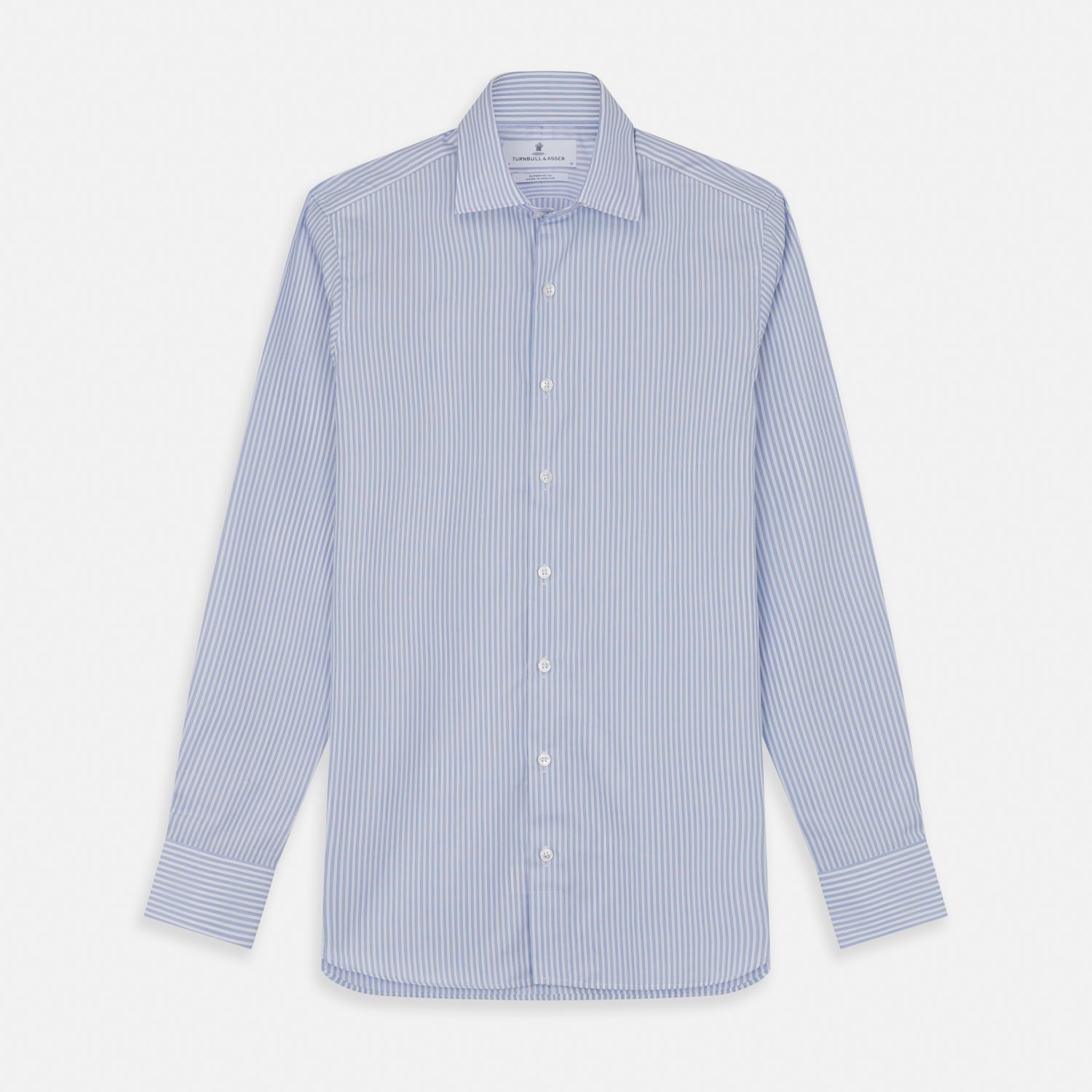 View 1 of product The Turnbull & Asser Sky Blue and White Stripe Tailored Fit Shirt features a Kent collar, 2-button cuffs, and is crafted from fine Italian cotton, shown flat against a plain background.