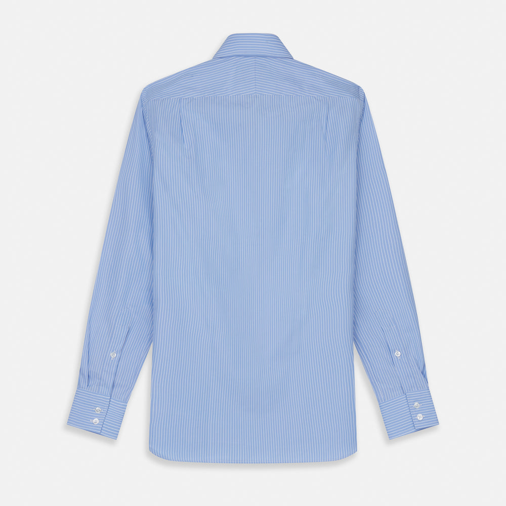 The Turnbull & Asser Powder Blue Stripe Tailored Fit Shirt features a Kent collar and 2-button cuffs, with powder blue and white vertical pinstripes, shown against a plain white background.