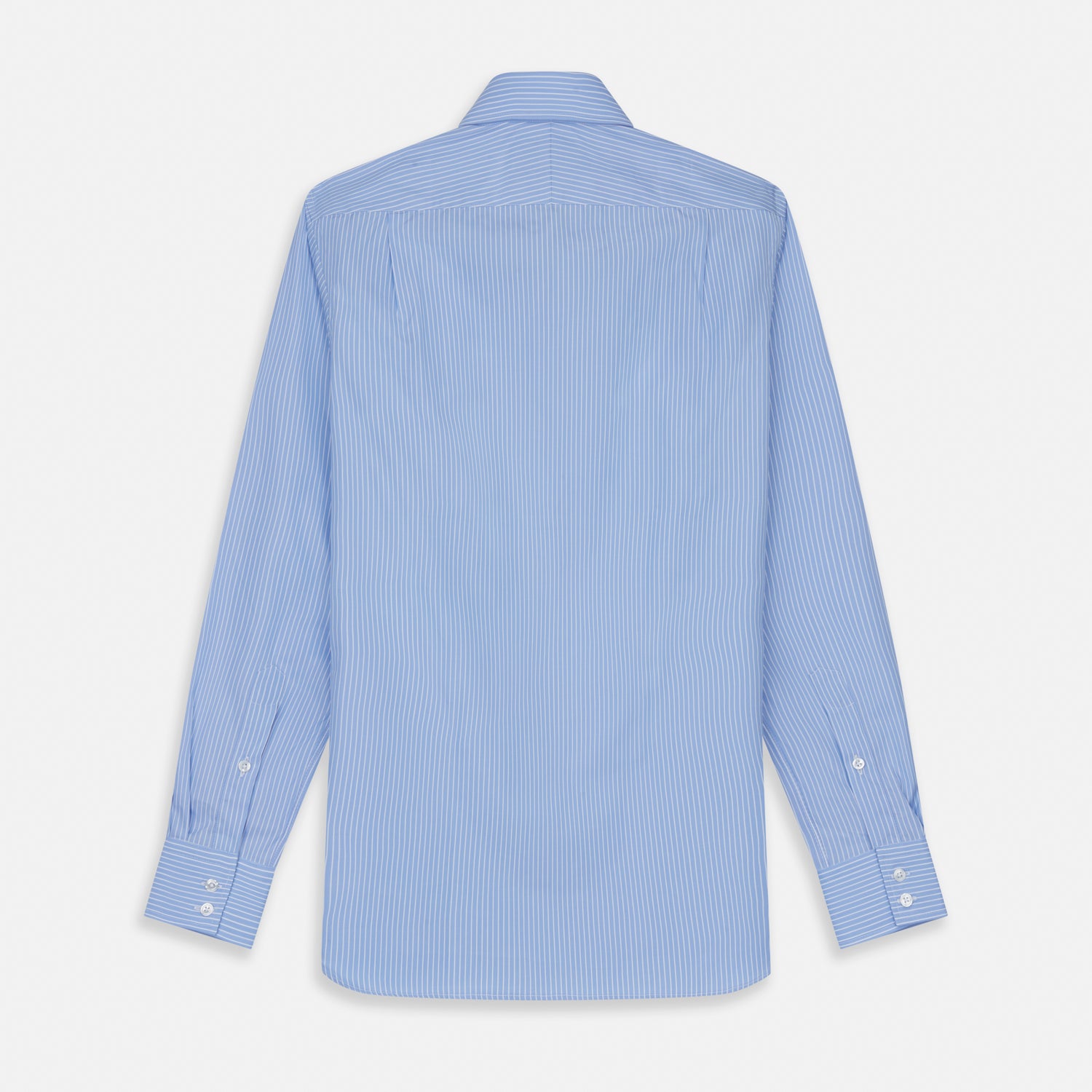 View 5 of product The Turnbull & Asser Powder Blue Stripe Tailored Fit Shirt features a Kent collar and 2-button cuffs, with powder blue and white vertical pinstripes, shown against a plain white background.