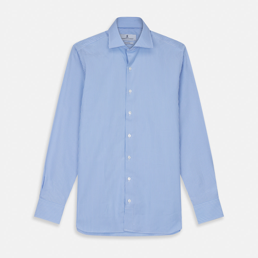 The Turnbull & Asser Powder Blue Stripe Tailored Fit Shirt features a Kent collar and 2-button cuffs, with powder blue and white vertical pinstripes, shown against a plain white background.