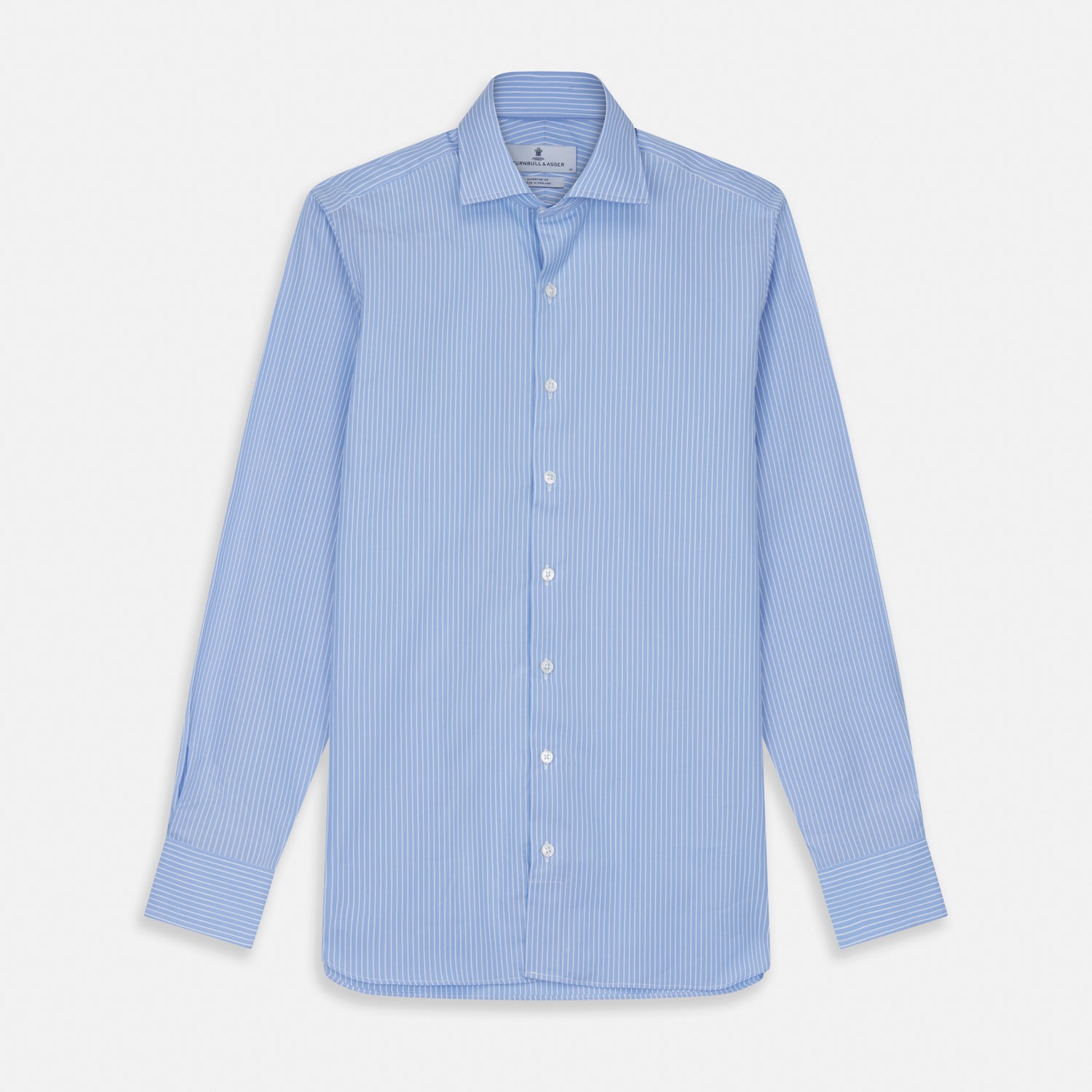 View 1 of product The Turnbull & Asser Powder Blue Stripe Tailored Fit Shirt features a Kent collar and 2-button cuffs, with powder blue and white vertical pinstripes, shown against a plain white background.