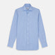 The Turnbull & Asser Powder Blue Stripe Tailored Fit Shirt features a Kent collar and 2-button cuffs, with powder blue and white vertical pinstripes, shown against a plain white background.