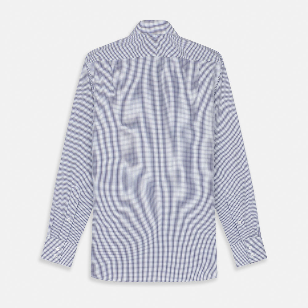 The Turnbull & Asser Blue Check Tailored Fit Shirt features a Kent collar, 2-button cuffs, and white buttons. Made from fine Italian cotton with a small blue and white checkered pattern, it's displayed on a plain white background.