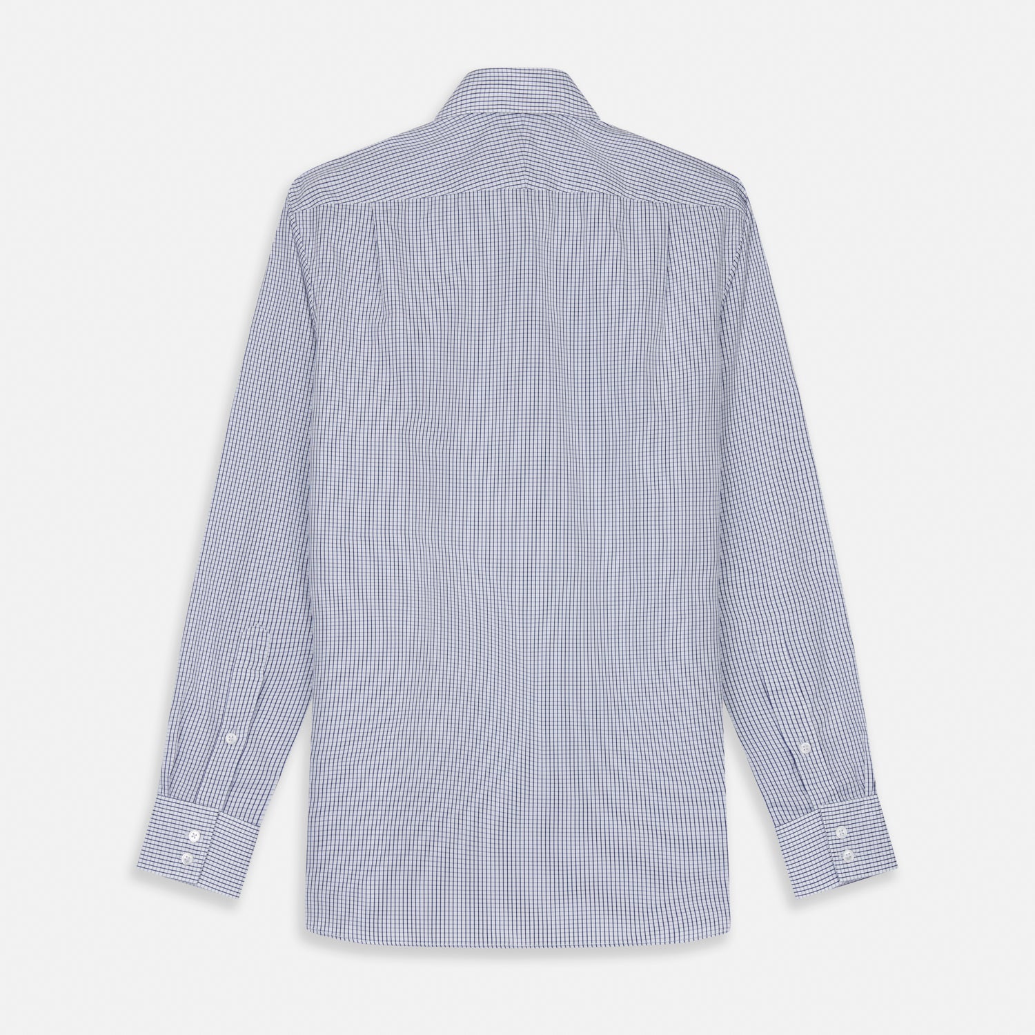 View 5 of product The Turnbull & Asser Blue Check Tailored Fit Shirt features a Kent collar, 2-button cuffs, and white buttons. Made from fine Italian cotton with a small blue and white checkered pattern, it's displayed on a plain white background.