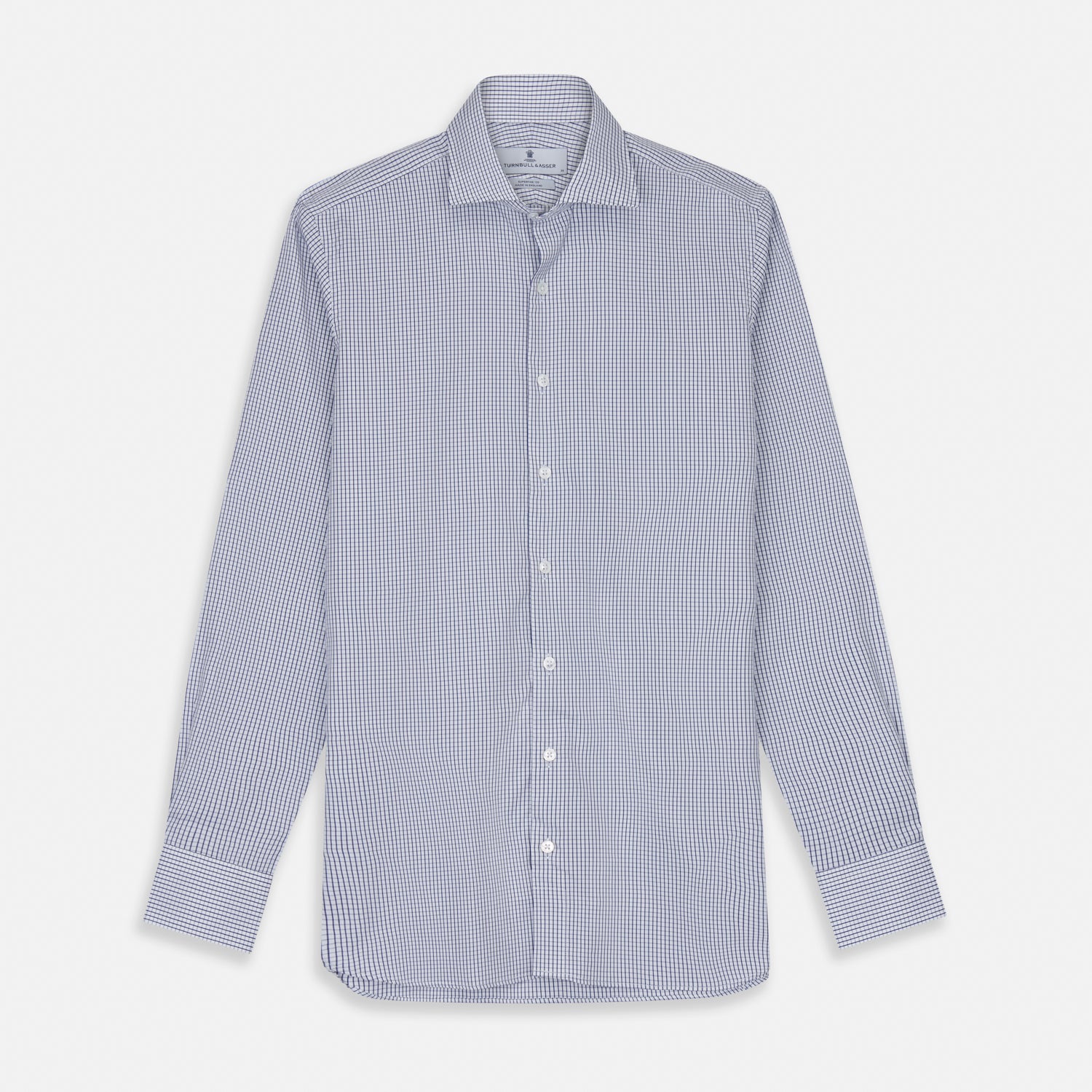 View 1 of product The Turnbull & Asser Blue Check Tailored Fit Shirt features a Kent collar, 2-button cuffs, and white buttons. Made from fine Italian cotton with a small blue and white checkered pattern, it's displayed on a plain white background.
