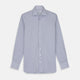 The Turnbull & Asser Blue Check Tailored Fit Shirt features a Kent collar, 2-button cuffs, and white buttons. Made from fine Italian cotton with a small blue and white checkered pattern, it's displayed on a plain white background.