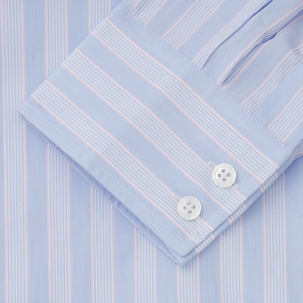 The Turnbull & Asser Pink and Blue Stripe Tailored Fit Shirt with a Kent collar is neatly laid flat on a plain white background.