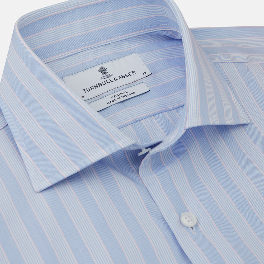The Turnbull & Asser Pink and Blue Stripe Tailored Fit Shirt with a Kent collar is neatly laid flat on a plain white background.