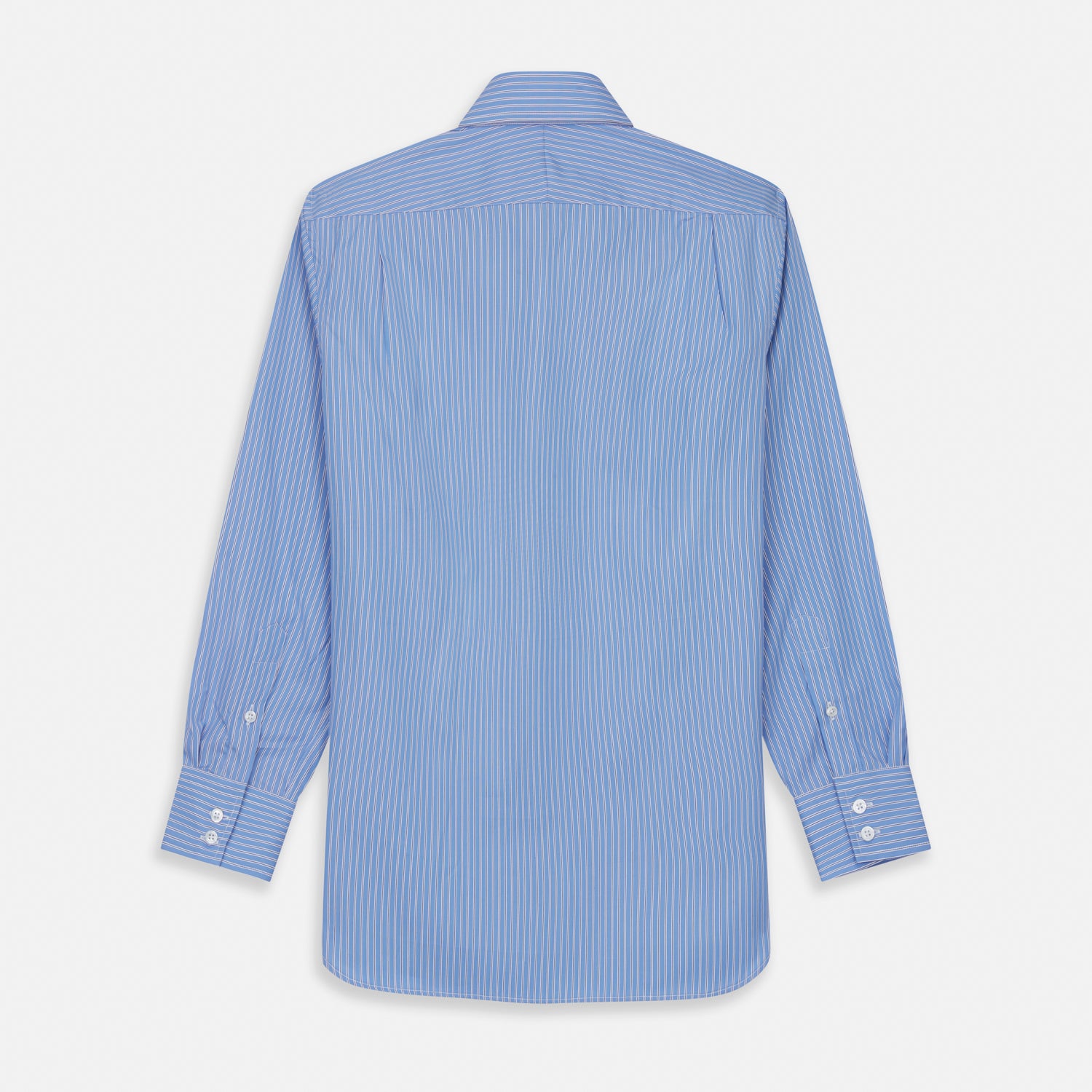 View 5 of product The Turnbull & Asser Oxford Blue Fancy Stripe Tailored Fit Shirt features white stripes, a Kent collar, and 2-button cuffs, shown on a plain white background.