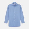 View 1 of product The Turnbull & Asser Oxford Blue Fancy Stripe Tailored Fit Shirt features white stripes, a Kent collar, and 2-button cuffs, shown on a plain white background.