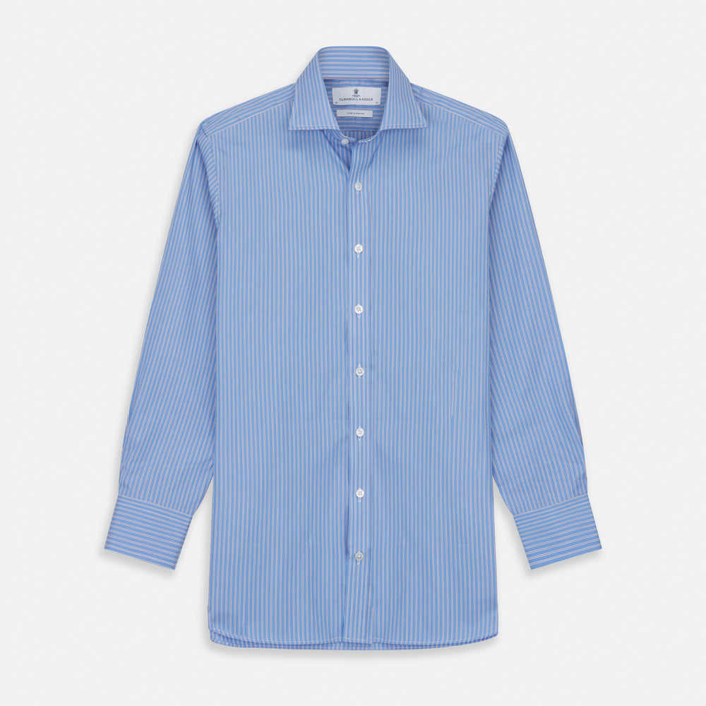 The Turnbull & Asser Oxford Blue Fancy Stripe Tailored Fit Shirt features white stripes, a Kent collar, and 2-button cuffs, shown on a plain white background.