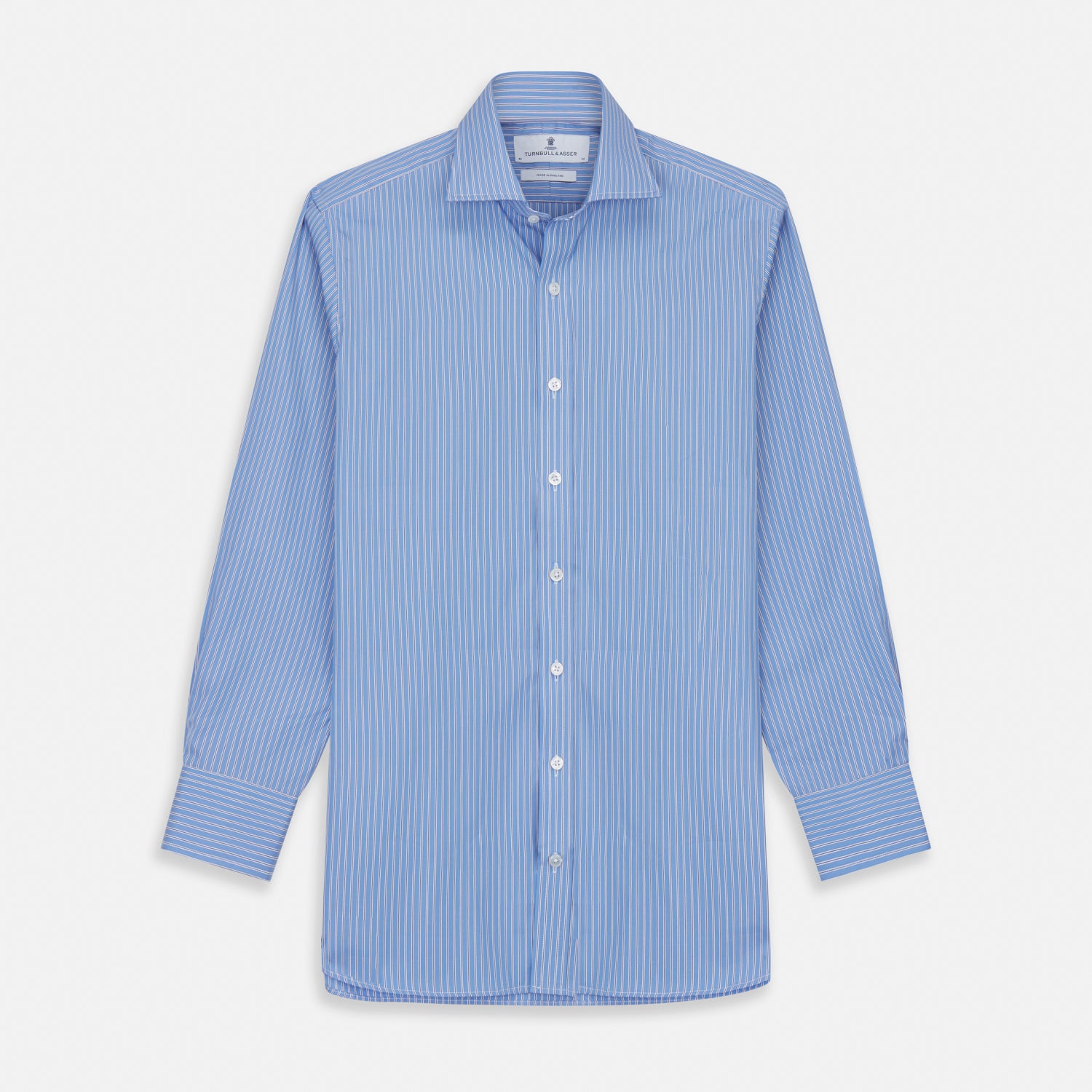 View 1 of product The Turnbull & Asser Oxford Blue Fancy Stripe Tailored Fit Shirt features white stripes, a Kent collar, and 2-button cuffs, shown on a plain white background.