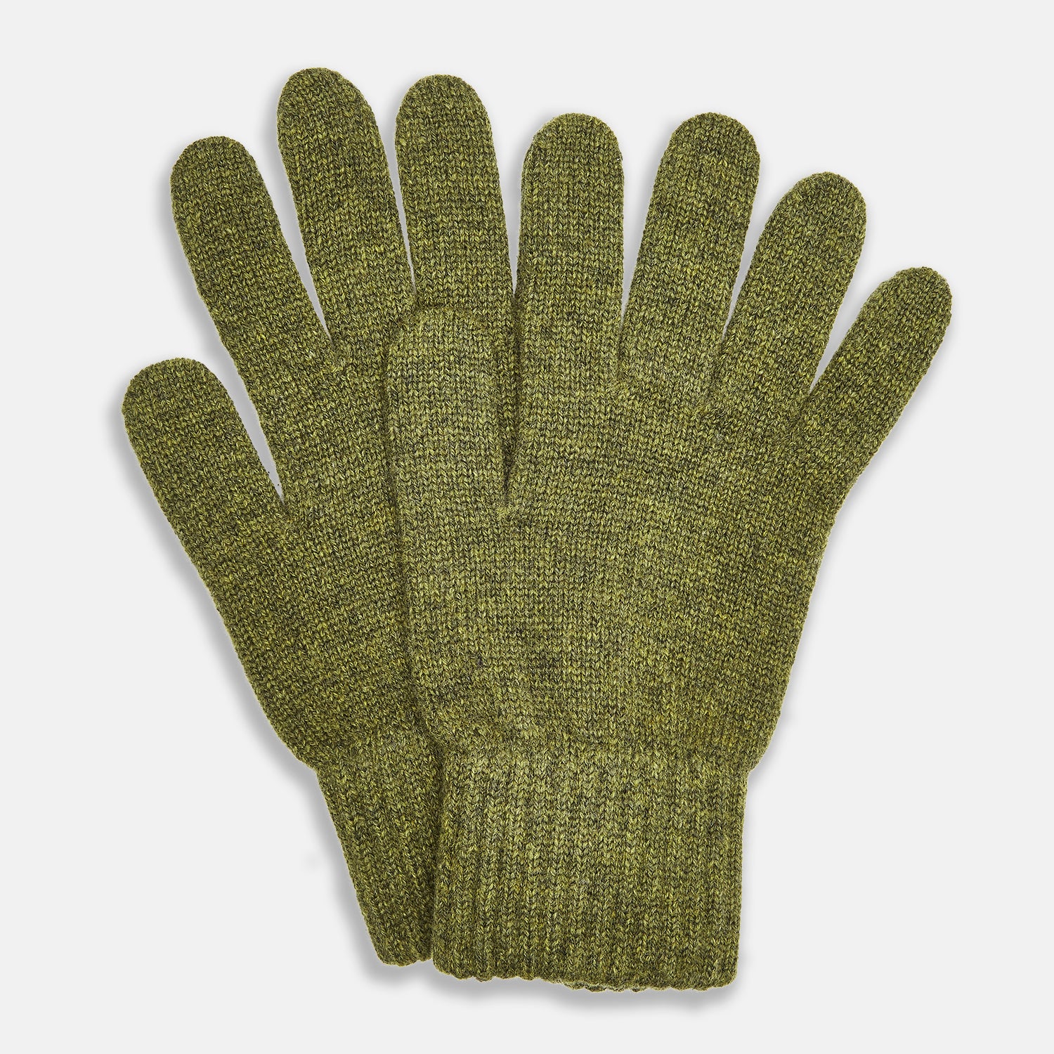View 1 of product Turnbull & Asser's Green Multi Cashmere Gloves—an elegant Scottish knitwear piece—feature ribbed cuffs and an olive-toned design, showcased here laid flat on a white background.