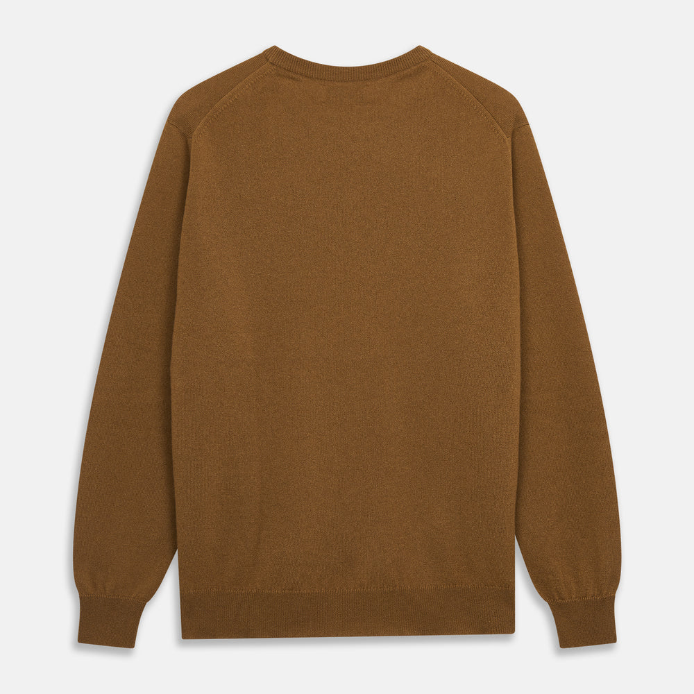 The Vicuna Glenn Cashmere Crew Neck Jumper by Turnbull & Asser is a brown crew neck sweater with long sleeves, ribbed cuffs, hem, and neckline, displayed flat on a white background for a classic look.