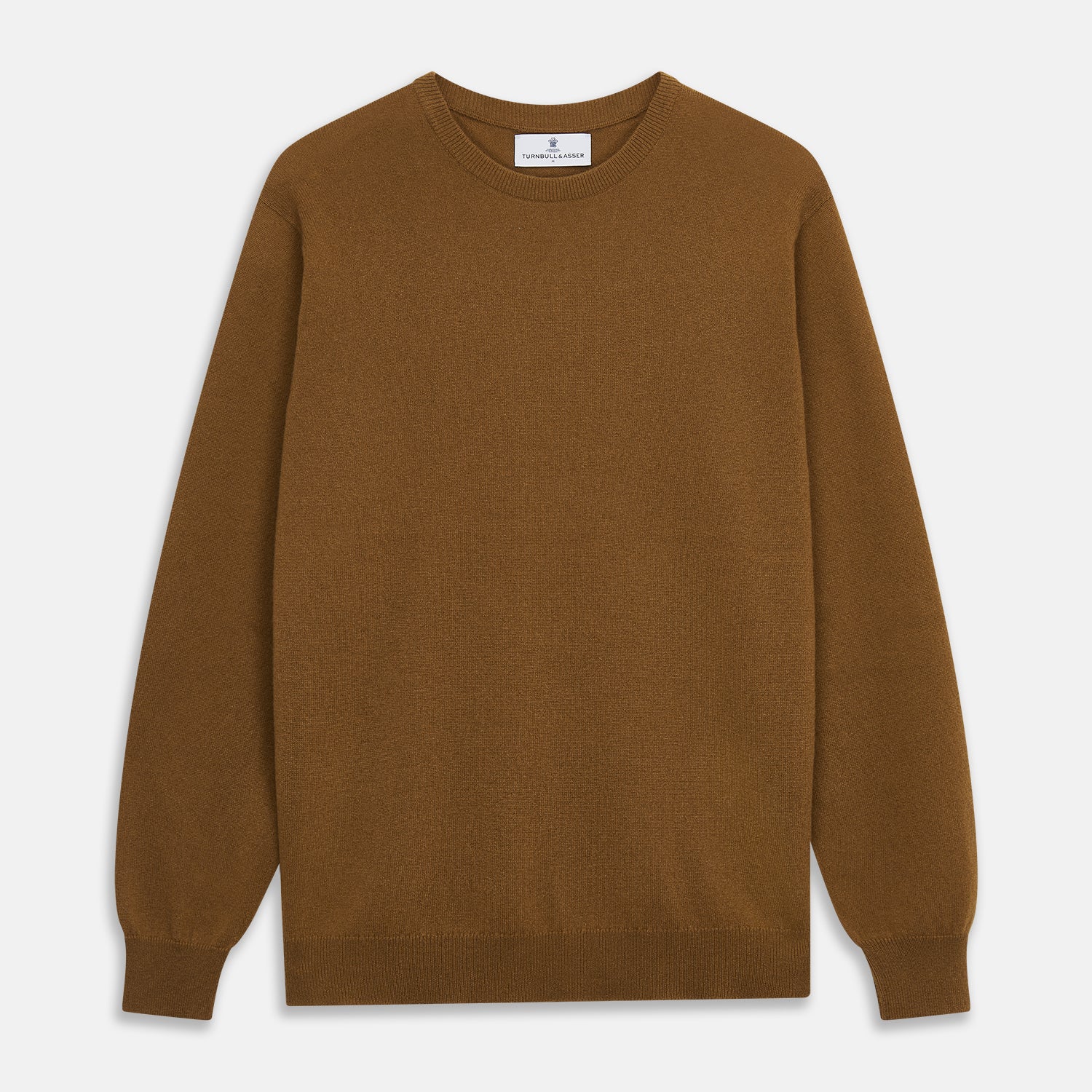 View 1 of product The Vicuna Glenn Cashmere Crew Neck Jumper by Turnbull & Asser is a brown crew neck sweater with long sleeves, ribbed cuffs, hem, and neckline, displayed flat on a white background for a classic look.